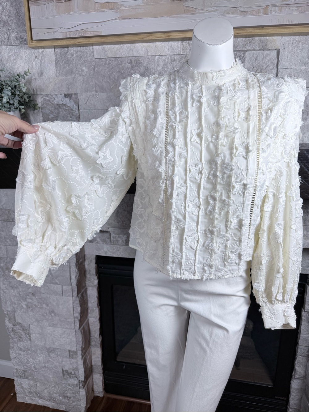 FARM Rio Cream Star-Textured Ruffled-Neck Blouse - Picture 5 of 12